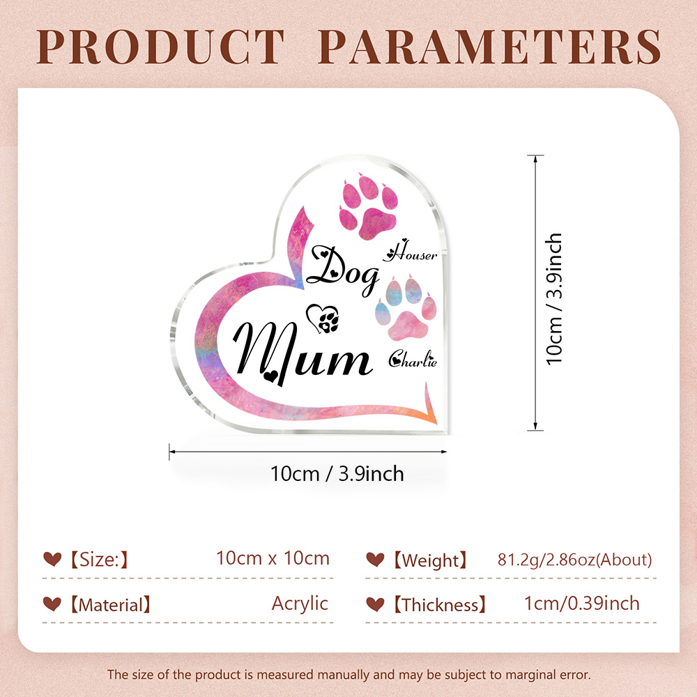 Personalised Acrylic Heart Keepsake Custom 2 Names Dog Footprints Ornaments Gifts for Mum-Jessemade AU
