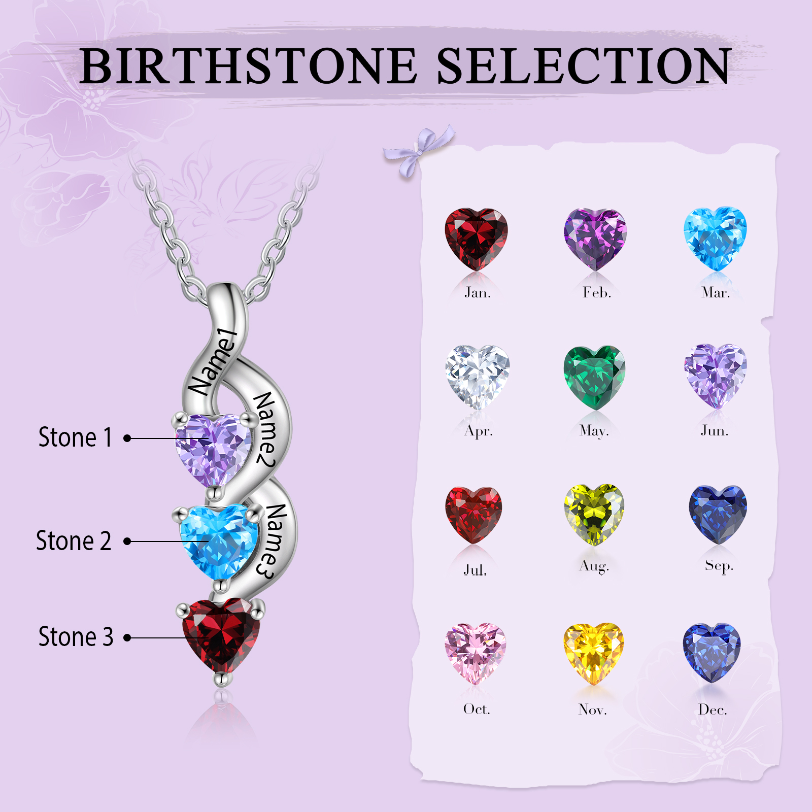 Custom Heart Birthstone Jewelry Set Necklace Bracelet for Family Personalised with 3 Names 3 Birthstones-Jessemade AU
