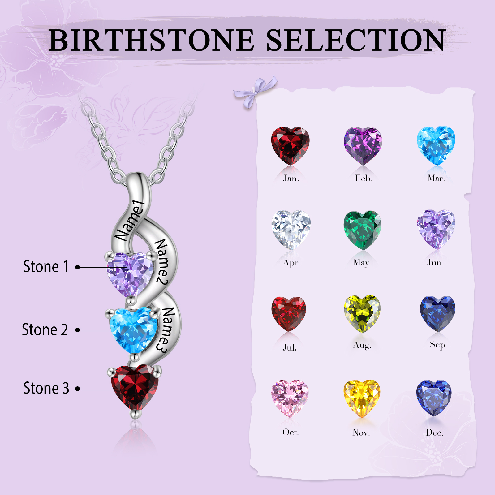 Custom Heart Birthstone Jewelry Set Necklace Bracelet for Family Personalised with 3 Names 3 Birthstones-Jessemade AU