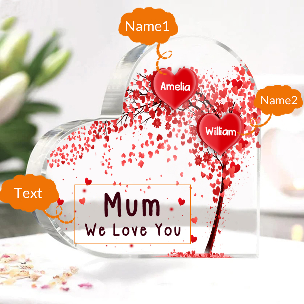 2 Names - Personalised Acrylic Heart Keepsake Custom Text Red Tree Ornaments Gifts for Grandma/Mother-Jessemade AU