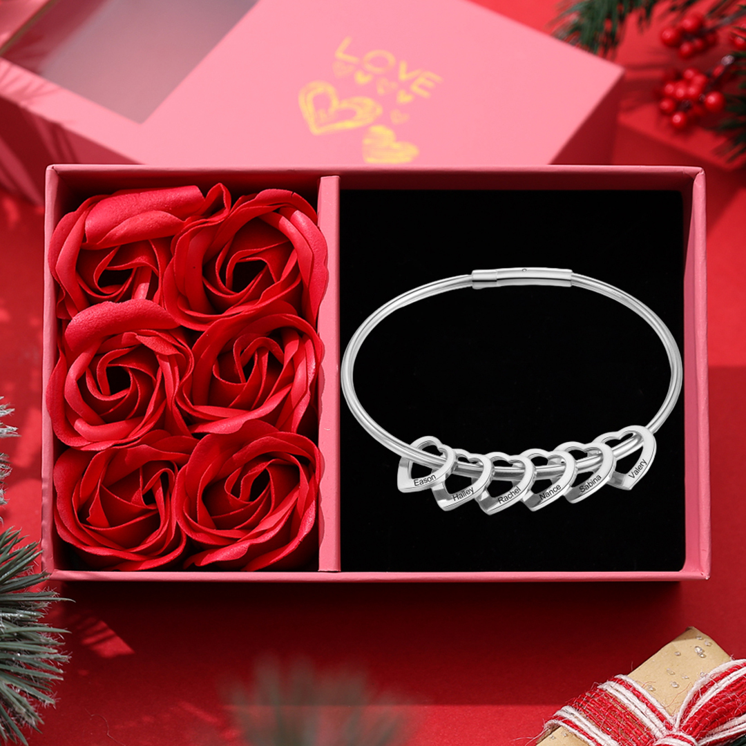 Personalised Love Bracelet with 6 Heart Charms Engraved 6 Names Bangle Bracelet Gift for Her-Jessemade AU