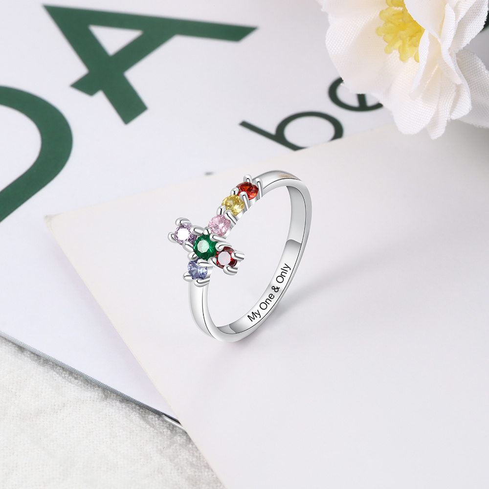 S925 Silver Ring Personalised 7 Birthstones Cross Ring With Names Gifts For Her-Jessemade AU