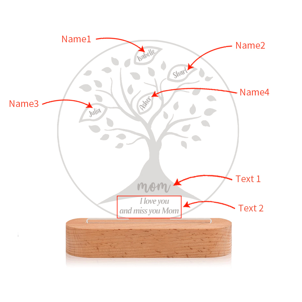 Personalised Family Tree Night Light Engraved 4 Names Wooden LED Lamp-Jessemade AU