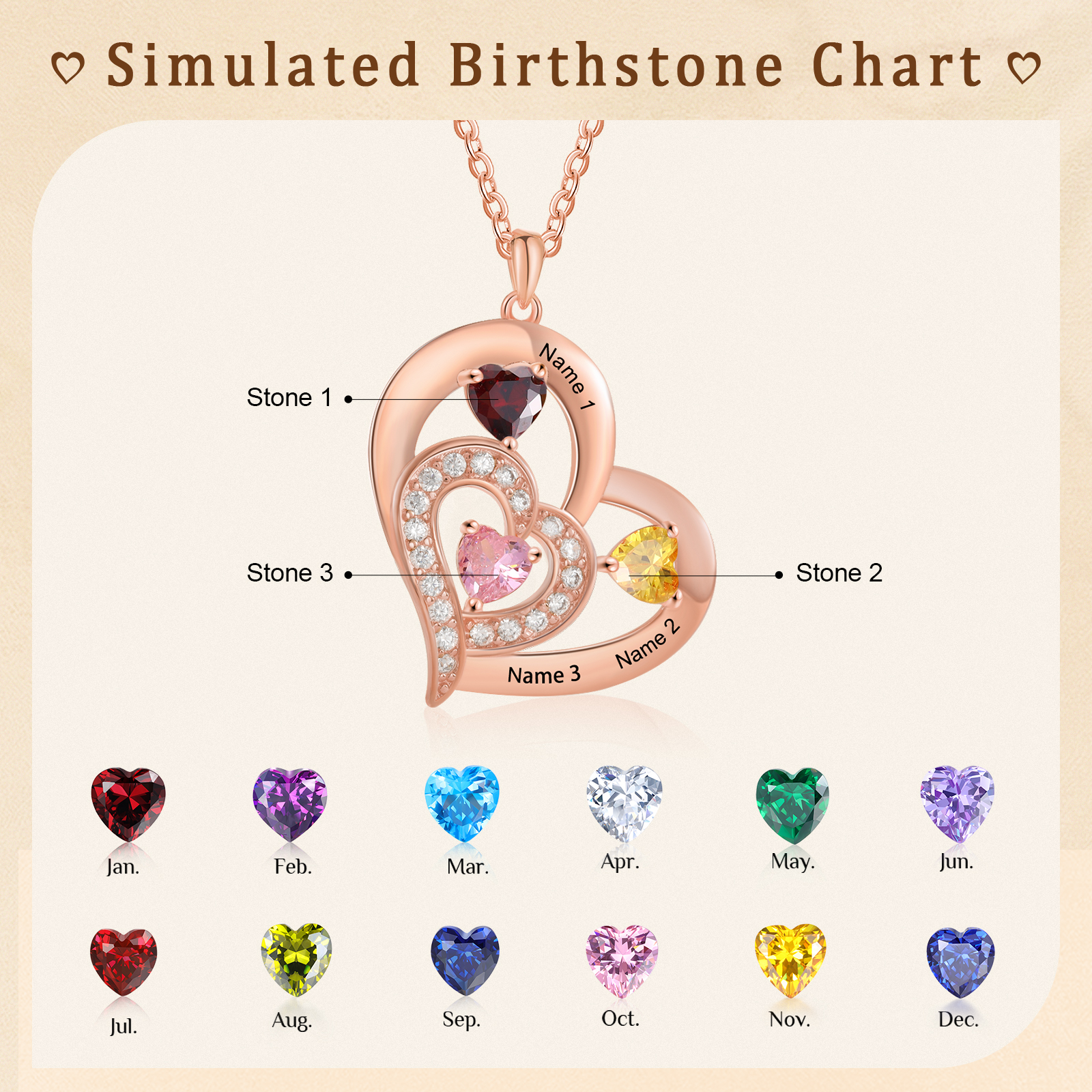 3 Names - Personalised Heart Pendant Necklace Customised Names & Birthstones Necklace Birthday Gift for Her-Jessemade AU