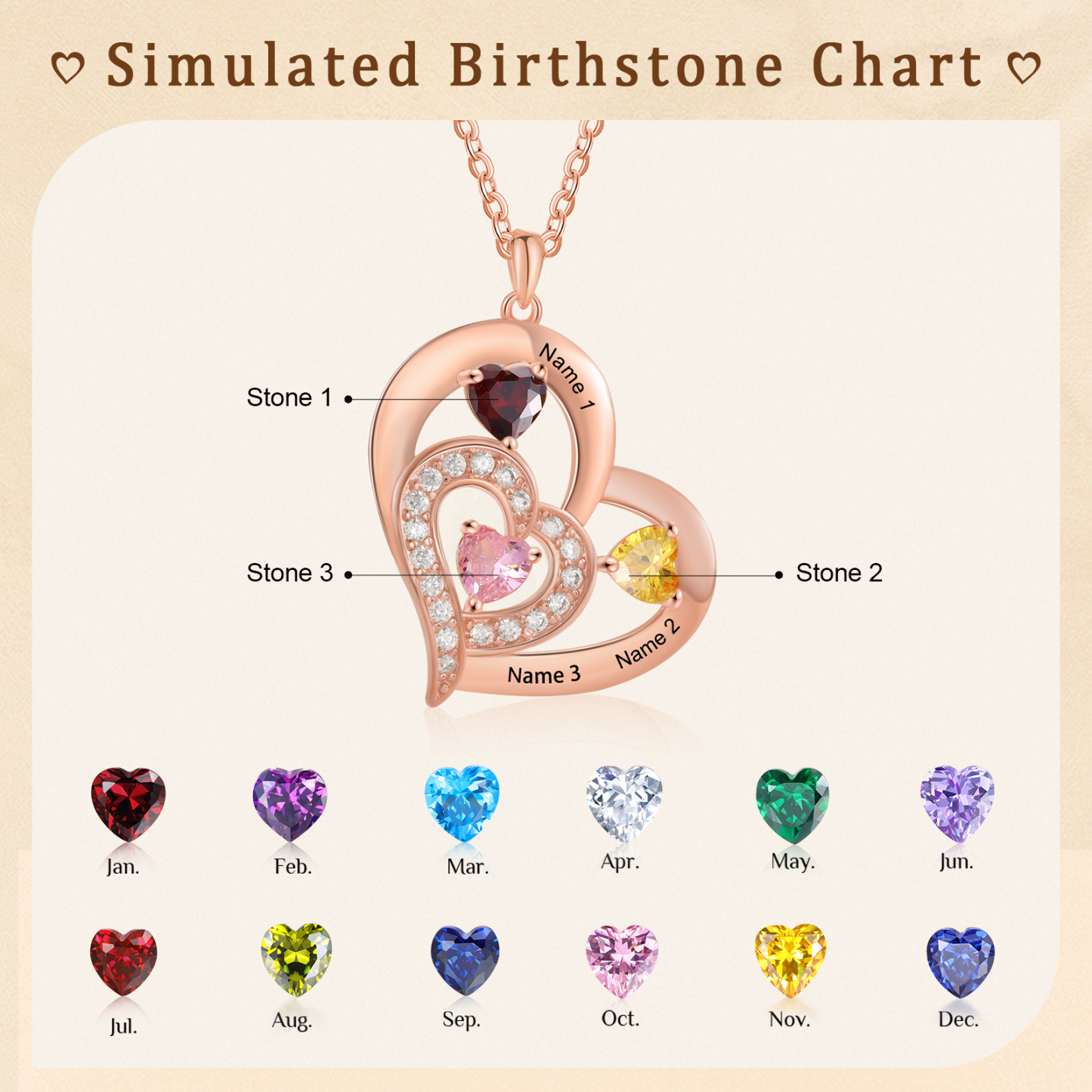 3 Names - Personalised Heart Pendant Necklace Customised Names & Birthstones Necklace Birthday Gift for Her-Jessemade AU