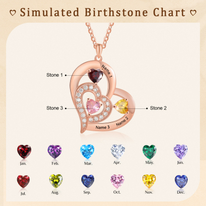 3 Names - Personalised Heart Pendant Necklace Customised Names & Birthstones Necklace Birthday Gift for Her-Jessemade AU