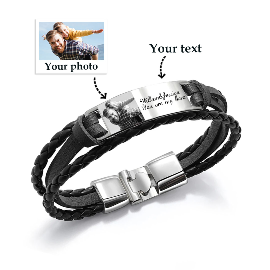 Personalised Braided Leather Bracelet Custom 1 Photo & 2 Texts Fathers Day Gift for Him
