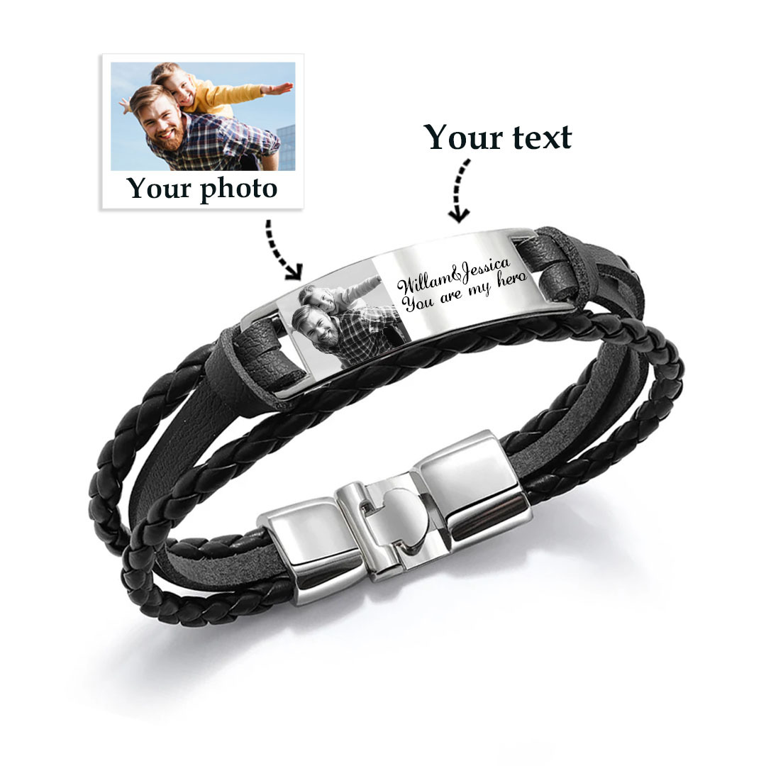 Personalised Braided Leather Bracelet Custom 1 Photo & 2 Texts Fathers Day Gift for Dad-Jessemade AU