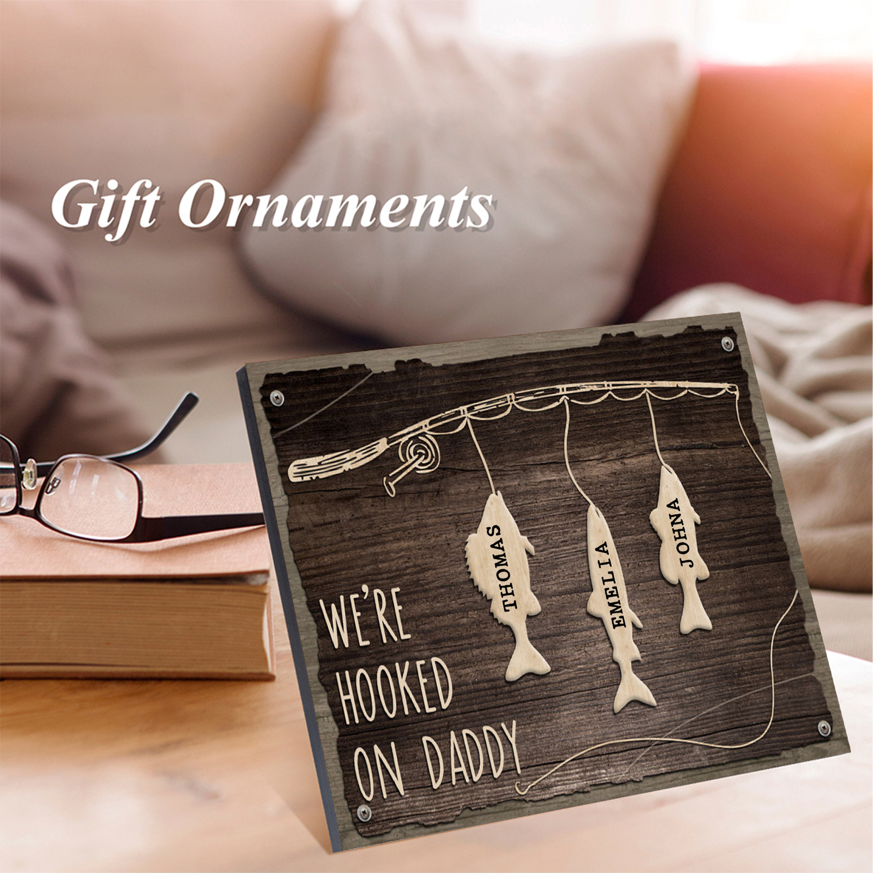 Father's Day Gifts Wood Signs Engrave 3 Names Frame Keepsake -We've Hooked On Daddy-Jessemade AU