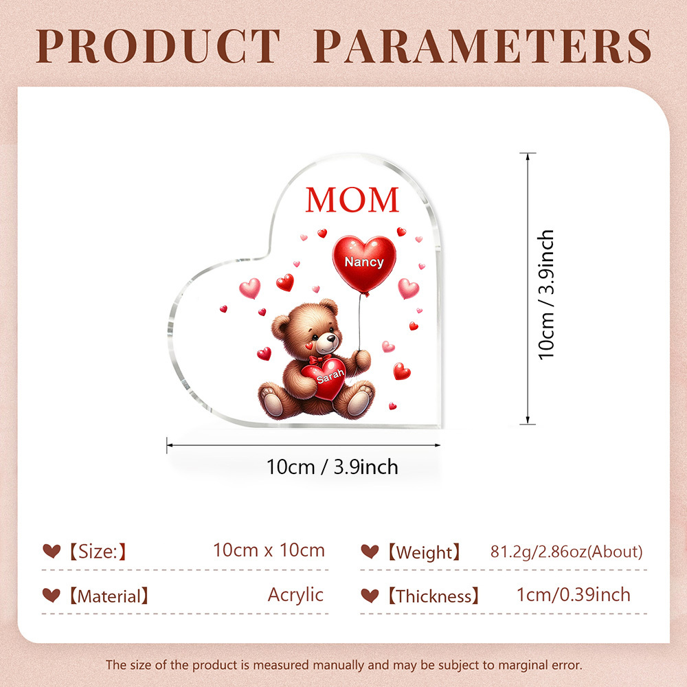 2 Names - Personalised Acrylic Heart Keepsake Custom Text Teddy Bear Balloon Ornaments Gifts for Grandma/Mother-Jessemade AU