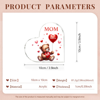 2 Names - Personalised Acrylic Heart Keepsake Custom Text Teddy Bear Balloon Ornaments Gifts for Grandma/Mother-Jessemade AU