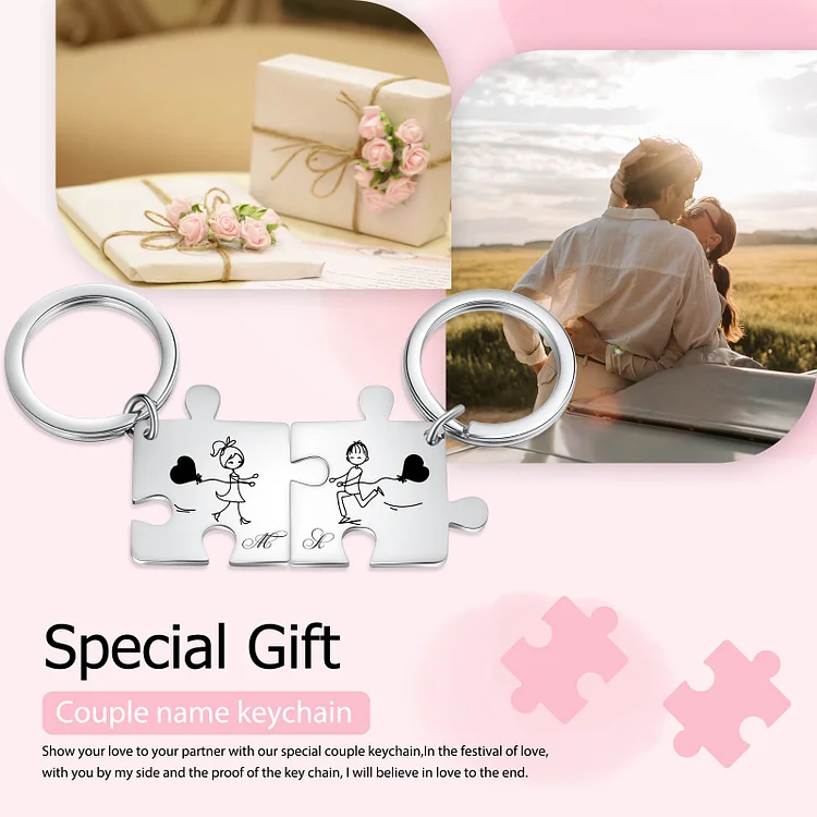 Personalised Puzzle Couple Keychain Set Customised 2 Letters Keyring Line Art Matching Couple Gifts-Jessemade AU
