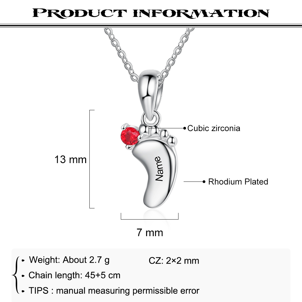 Personalised Baby Foot Necklace With 1 Birthstone Engraved Names Gift For Mother-Jessemade AU