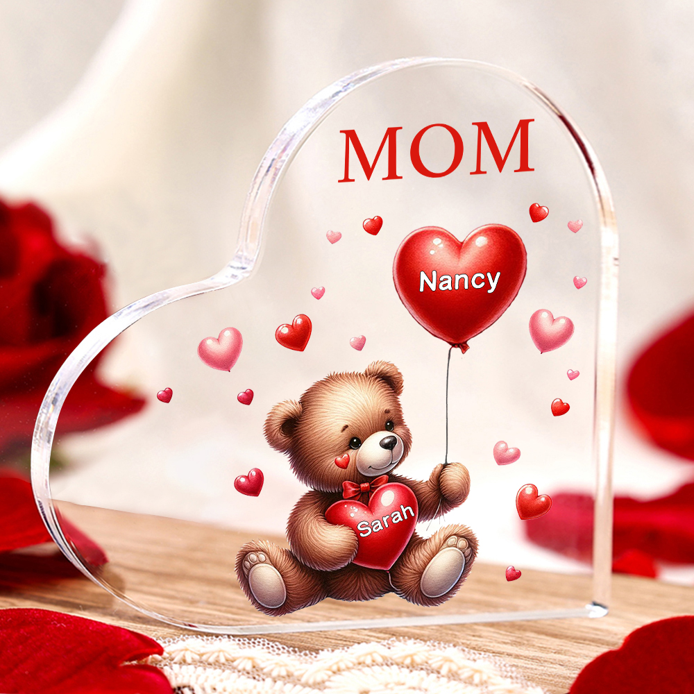 2 Names - Personalised Acrylic Heart Keepsake Custom Text Teddy Bear Balloon Ornaments Gifts for Grandma/Mother-Jessemade AU