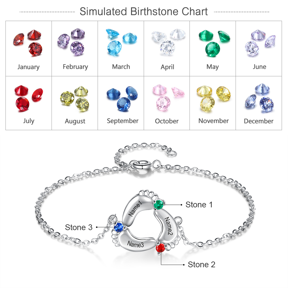 Personalised Baby Foot Bracelet With 3 Birthstones Engraved Names Gift For Mother-Jessemade AU