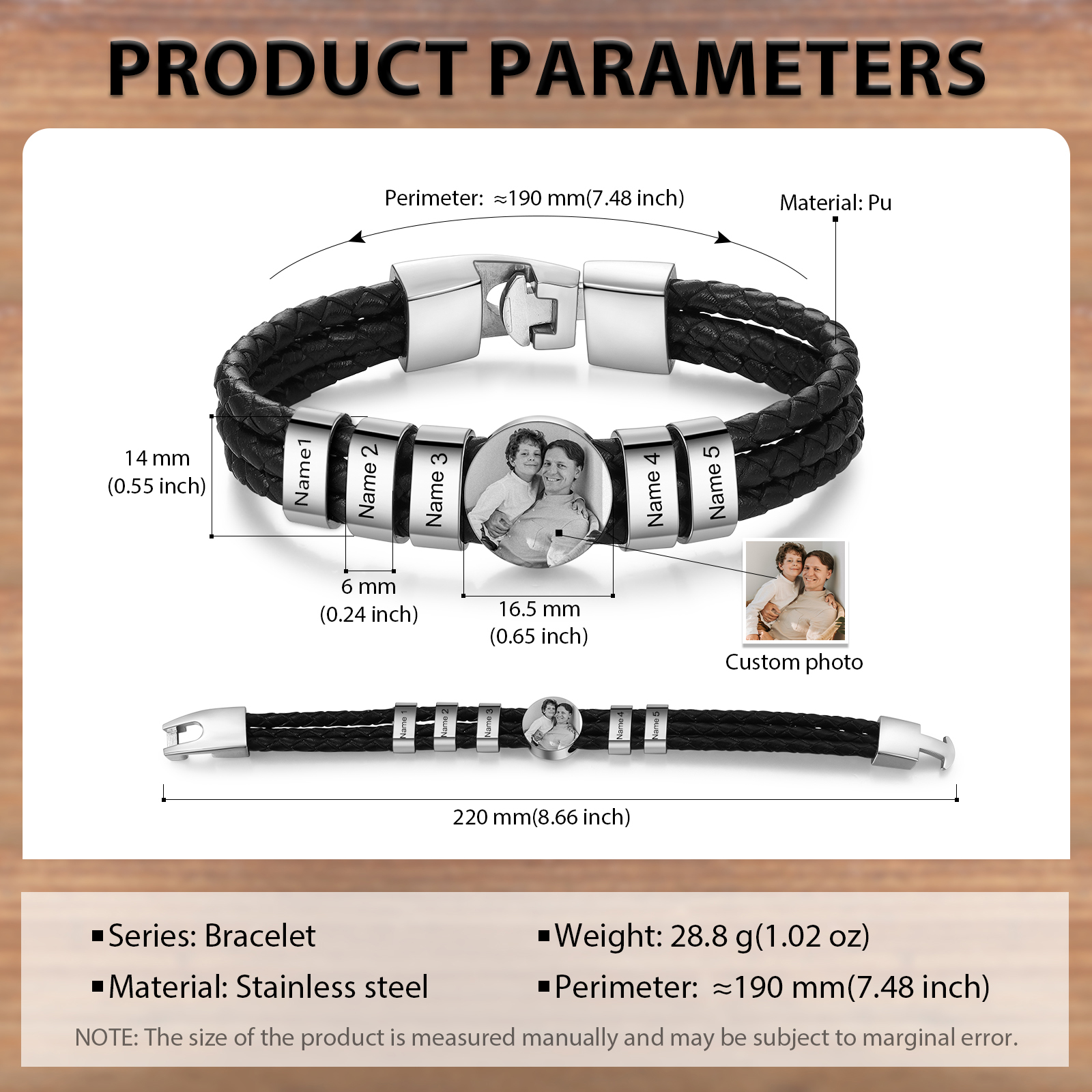 Personalised Men's Leather Bracelet Custom 5 Names & 1 Photo Braided Bracelet Father's Day Gifts for Him-Jessemade AU