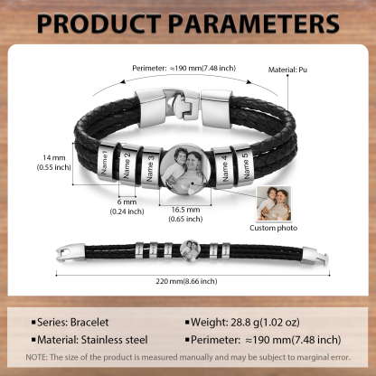 Personalised Men's Leather Bracelet Custom 5 Names & 1 Photo Braided Bracelet Father's Day Gifts for Him-Jessemade AU