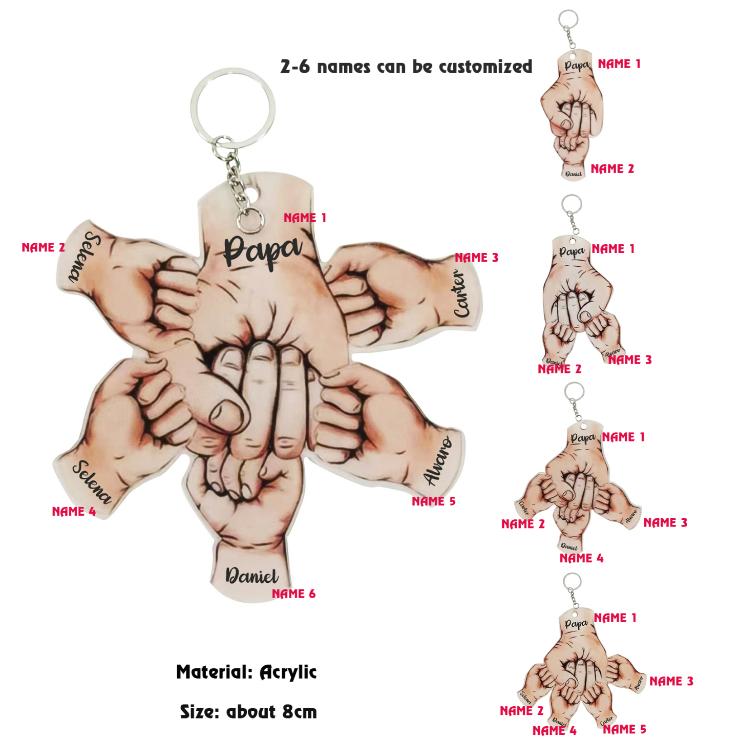 Personalised Fist Bump Keychain Engrave 4 Names Acrylic Keyring Father's Day Gifts-Jessemade AU