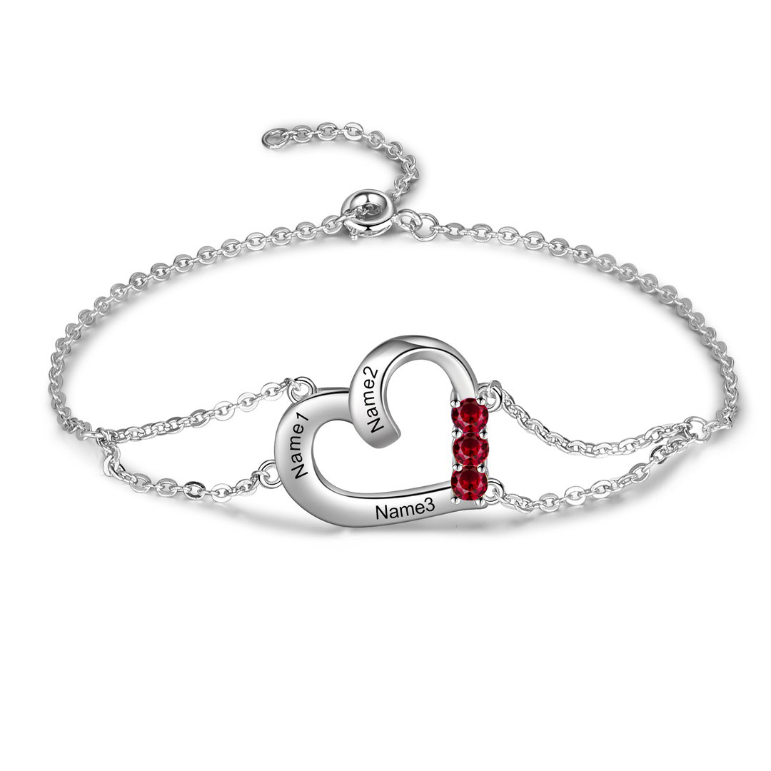 Personalised Heart Bracelet With 3 Birthstones Engraved Names Gift For Women-Jessemade AU