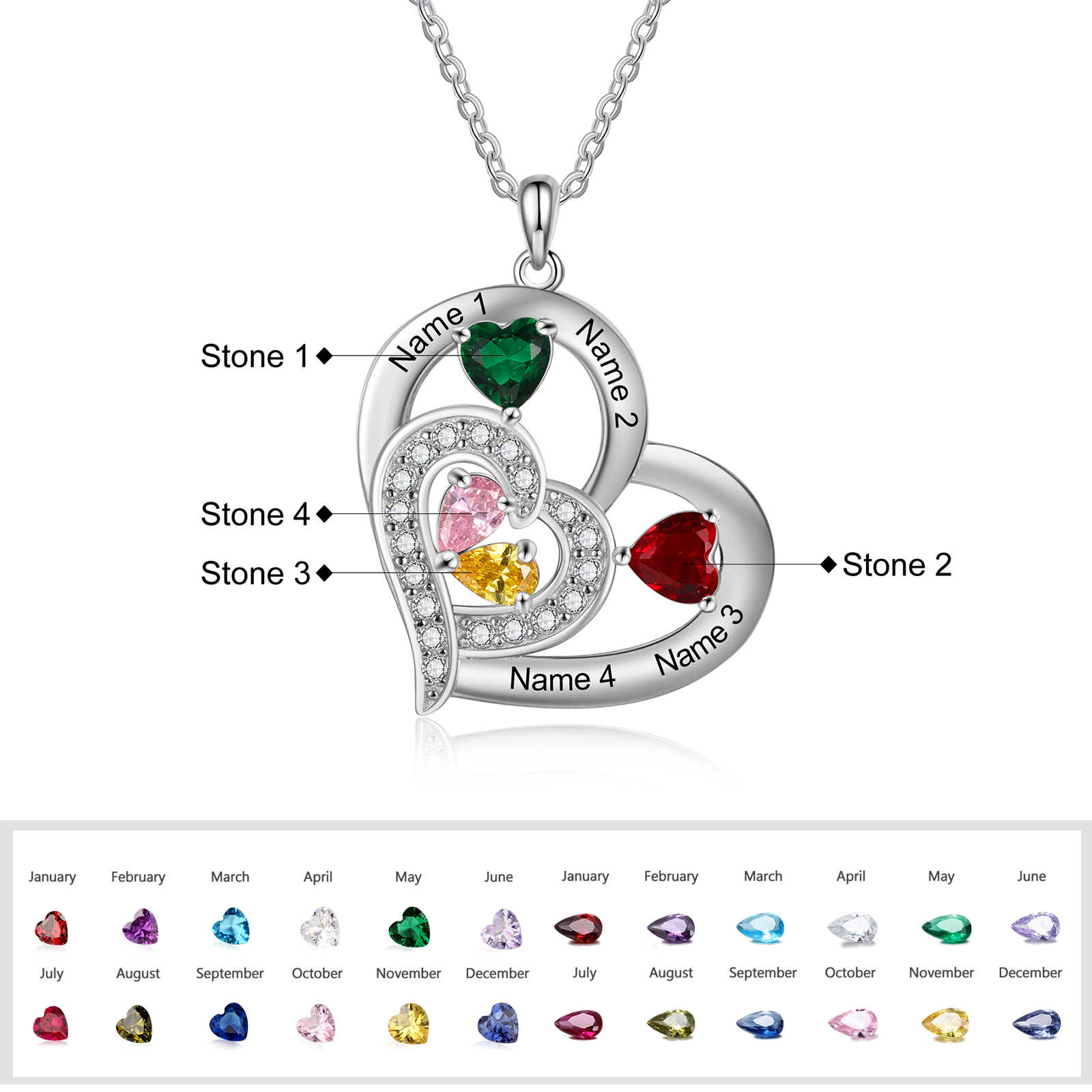 Personalised Heart Necklace With 4 Birthstones Engraved Names Gift For Her-Jessemade AU