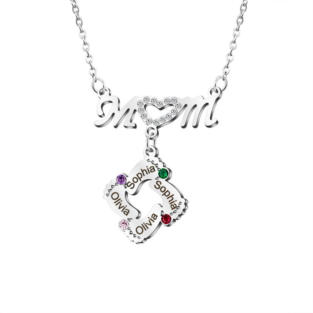 Mom Necklace Customised Baby Feet Necklace with Birthstones Engraving 4 Names Gifts for Her-Jessemade AU