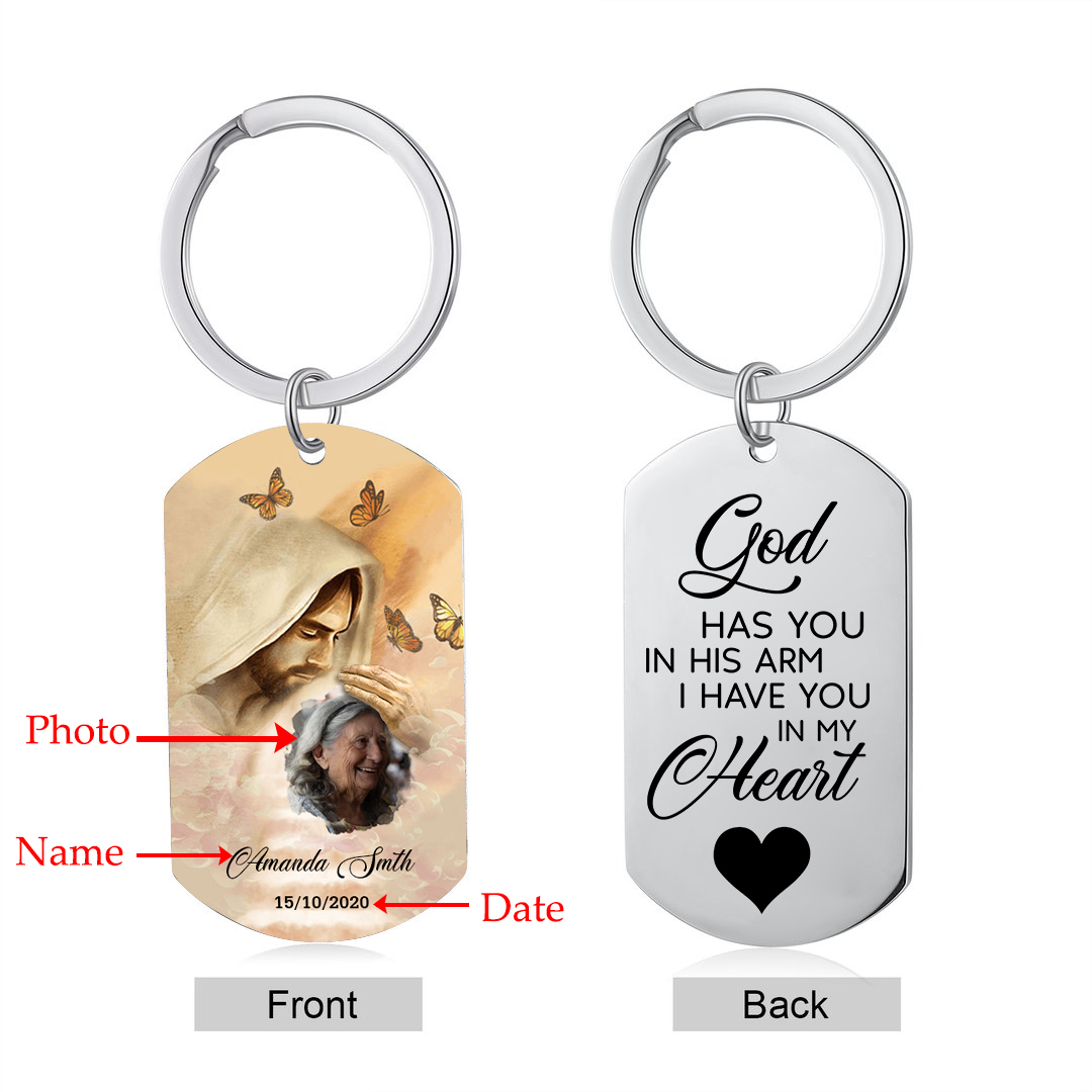 Memorial Photo Keychain Custom Name & Date Keyring Personalised Keychains - God Has You in His Arm, I Have You in My Heart-Jessemade AU