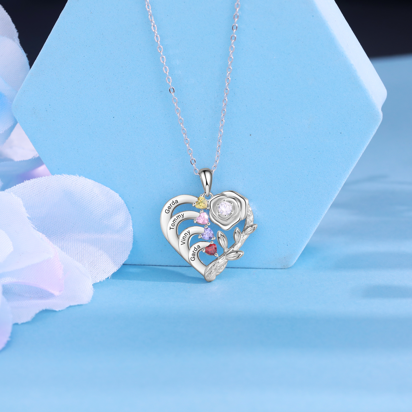 Personalised Rose Heart Necklace Custom 4 Names & Birthstones Mother Necklace-Jessemade AU