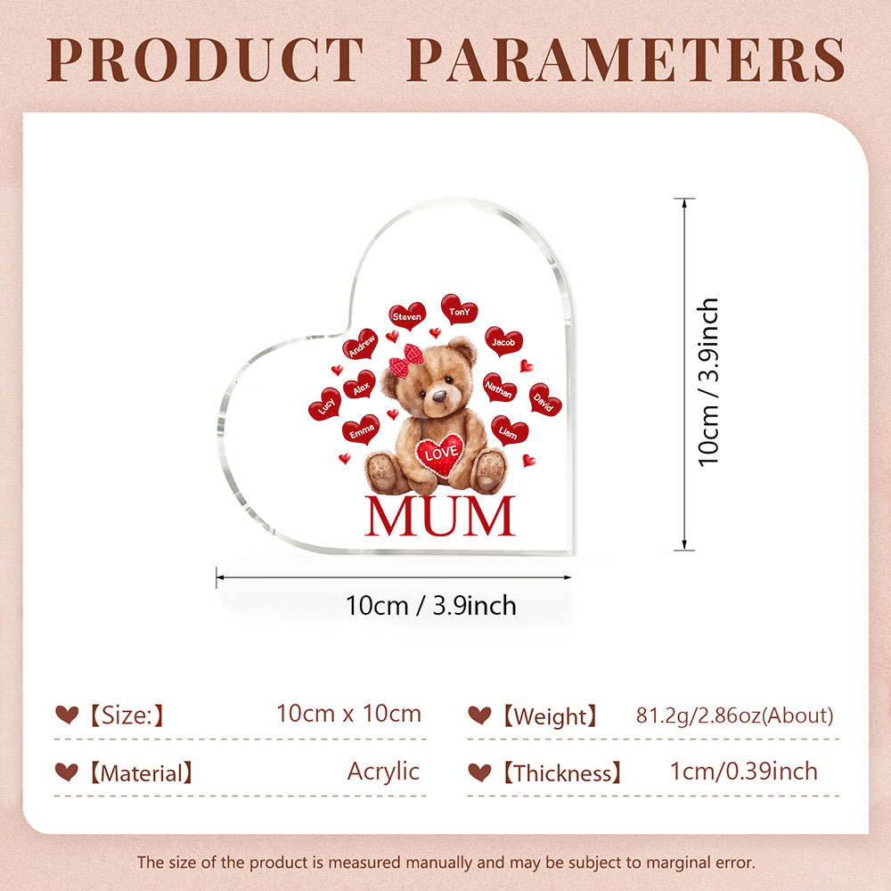 10 Names - Personalised Acrylic Heart Keepsake Custom 2 Texts Teddy Bear Ornaments Gifts for Grandma/Mother-Jessemade AU