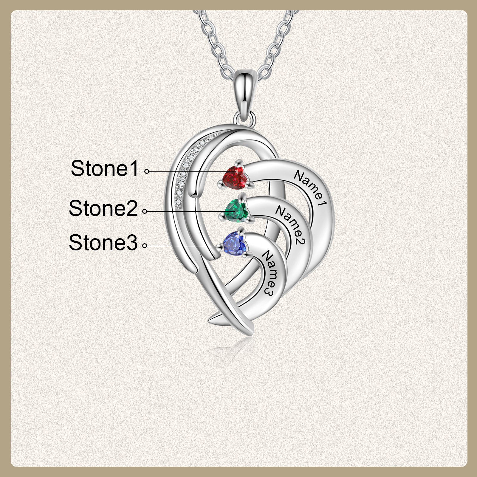 Personalised Heart Wings Necklace With 3 Birthstones Custom Names Necklace Gift For Her-Jessemade AU