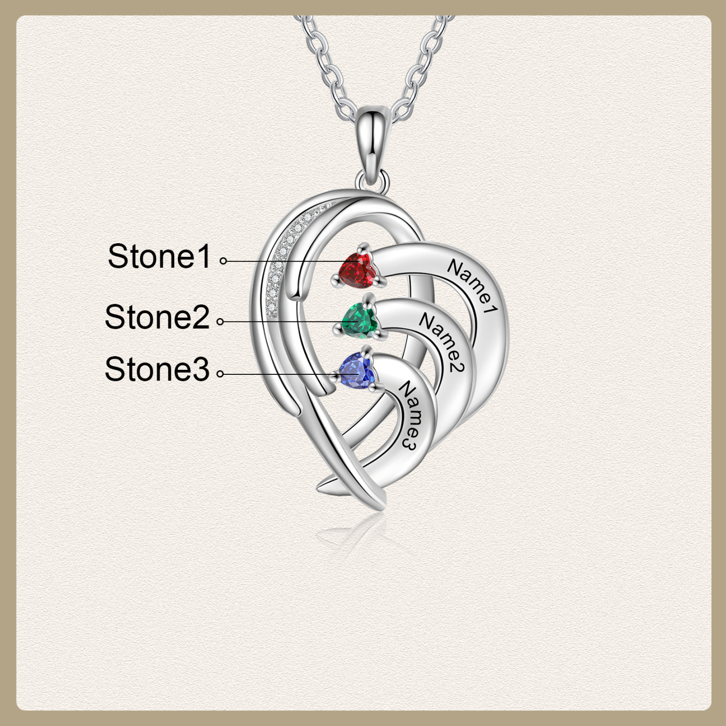 Personalised Heart Wings Necklace With 3 Birthstones Custom Names Necklace Gift For Her-Jessemade AU