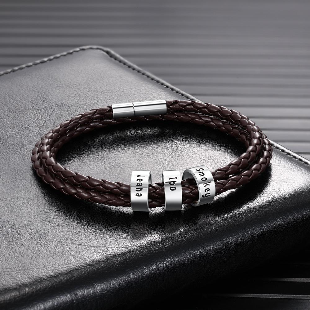 Leather Braided Bracelet Men Bracelets Personalised 3 Names 3 Beads Gift For Dad-Jessemade AU