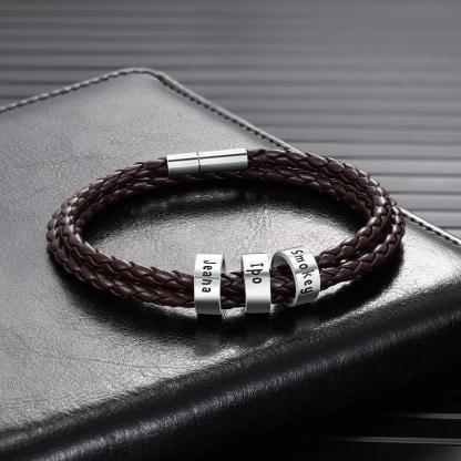 Leather Braided Bracelet Men Bracelets Personalised 3 Names 3 Beads Gift For Dad-Jessemade AU