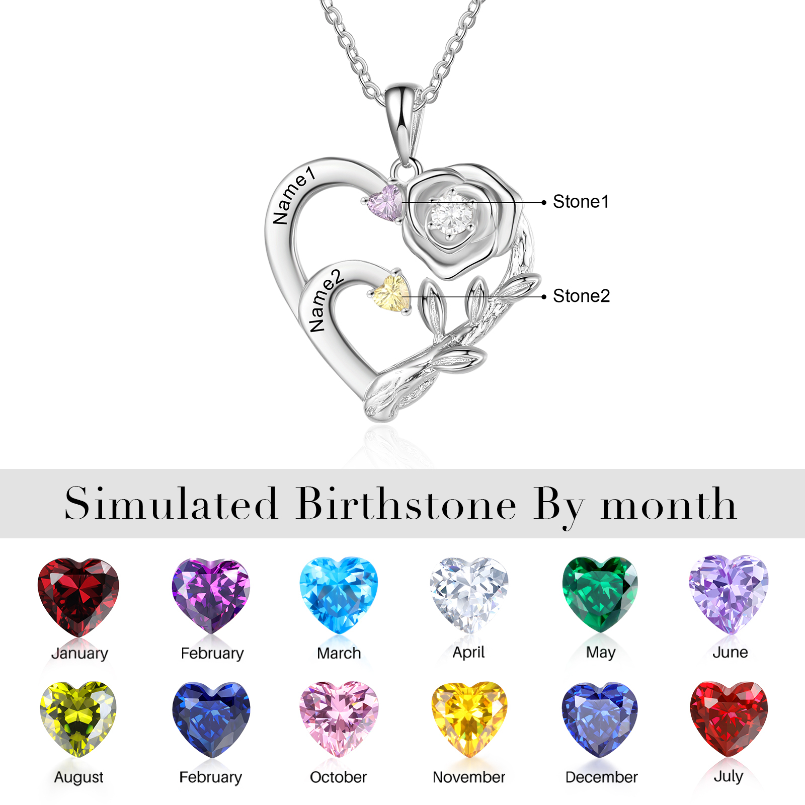 Personalised Rose Heart Necklace Custom 2 Names & Birthstones Mother Necklace-Jessemade AU