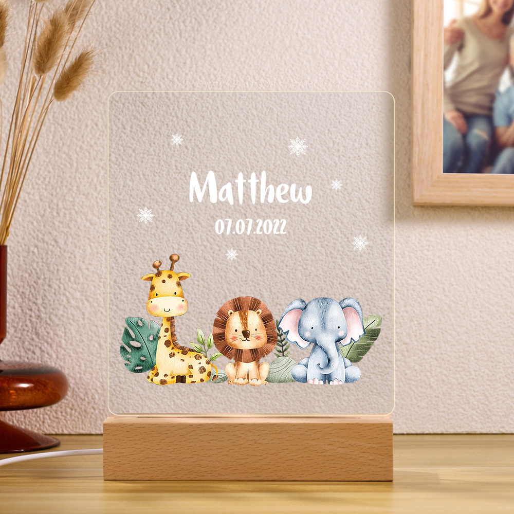 Animal Night Light Personalised Name Date Zoo LED Night Light Nursery Birthday Gifts For Children-Jessemade AU