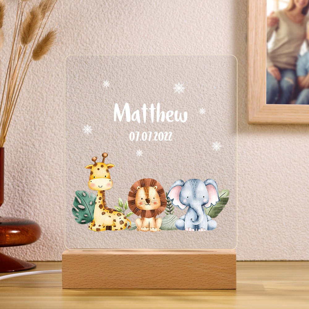 Animal Night Light Personalised Name Date Zoo LED Night Light Nursery Birthday Gifts For Children-Jessemade AU