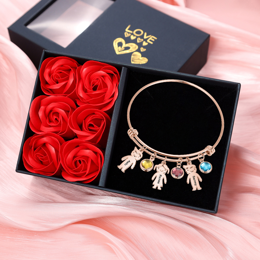 Women Bangle Bracelet with Kids Charms 3 Birthstones Engraved 3 Names Rose Box Set-Jessemade AU
