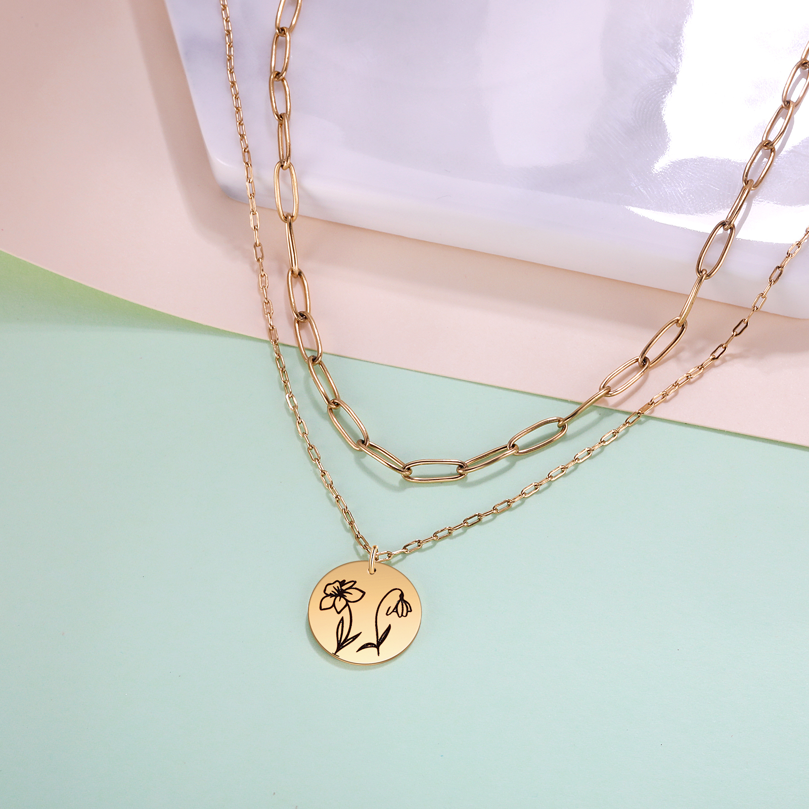 Personalised Double Necklace With 2 Birthflowers Engraved Name Gift For Her-Jessemade AU