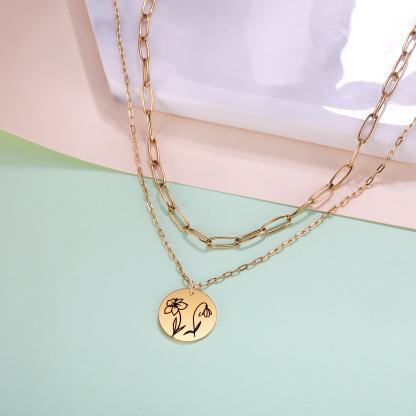 Personalised Double Necklace With 2 Birthflowers Engraved Name Gift For Her-Jessemade AU