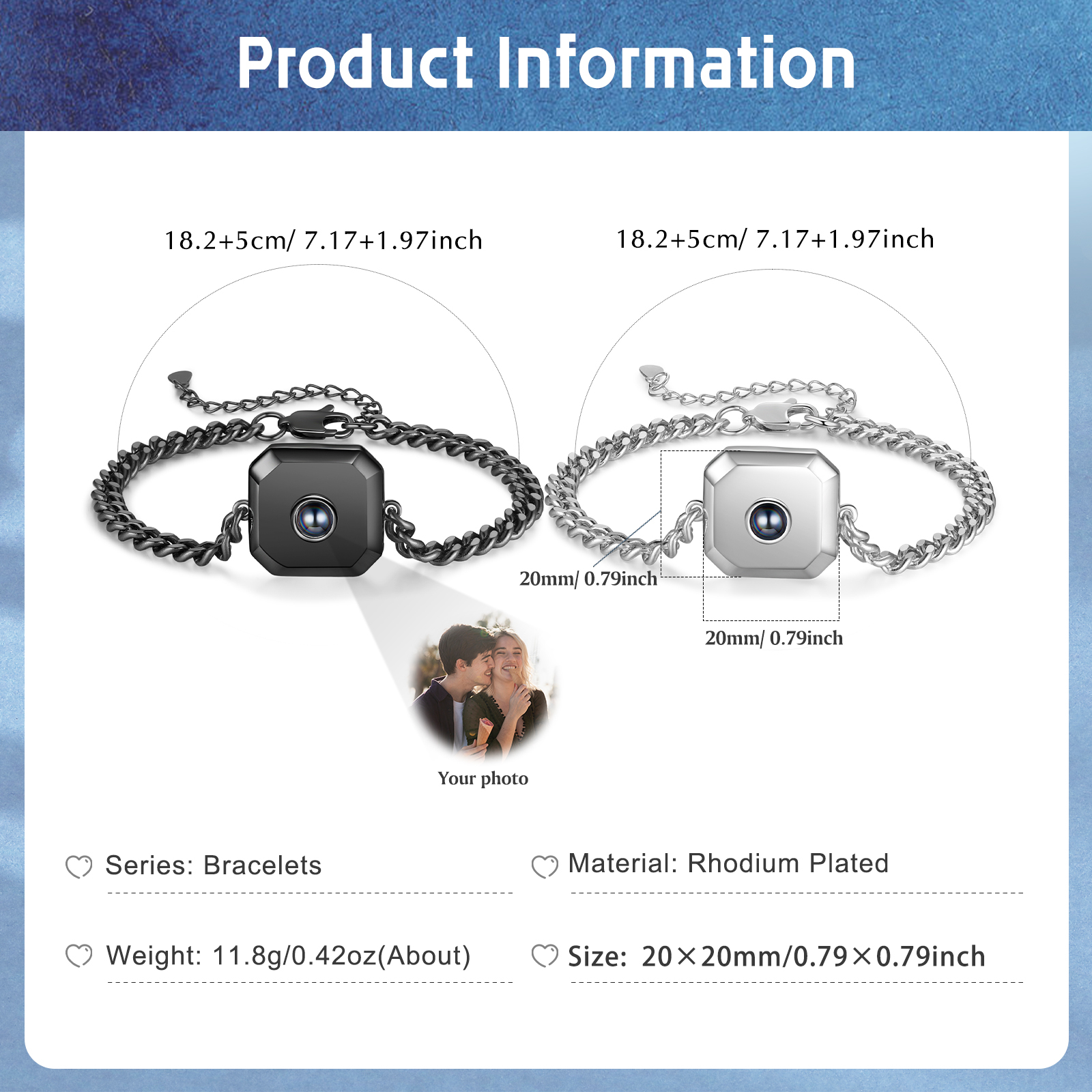 2 PCS Personalised Couple Projection Bracelet Custom 1 Photo Bracelet Adjustable Bracelet Romantic Gift For Her/Him-Jessemade AU
