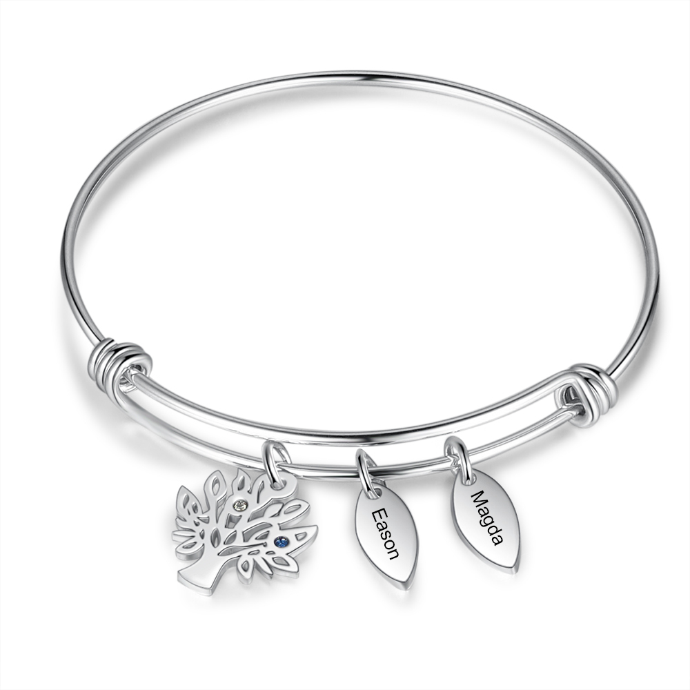 Personalised Family Tree Bracelet with 2 Birthstones Leaf Charms Bangle for Her-Jessemade AU
