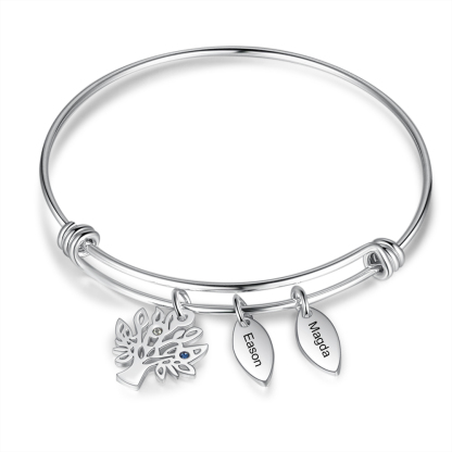 Personalised Family Tree Bracelet with 2 Birthstones Leaf Charms Bangle for Her-Jessemade AU