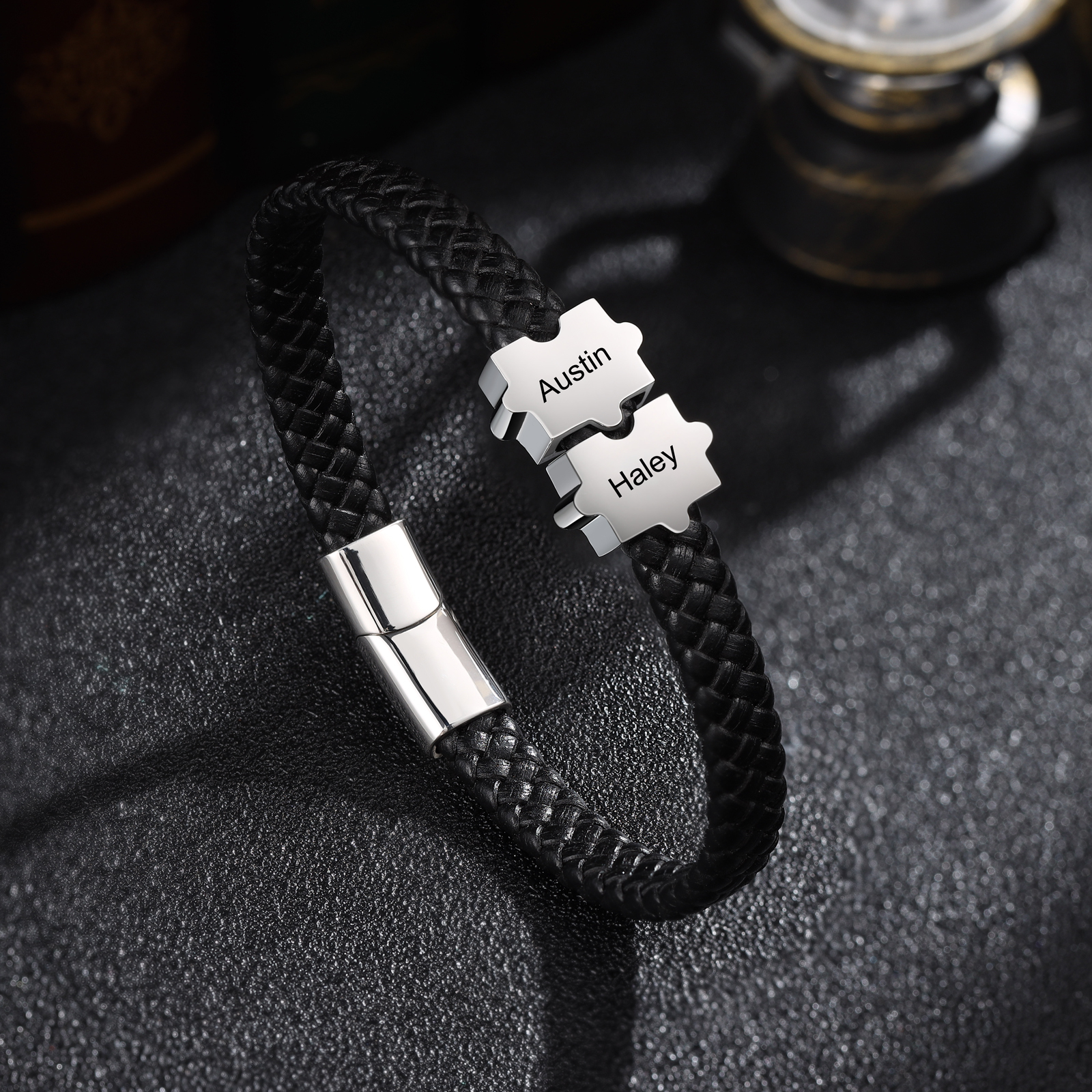Custom Family Puzzle Bracelet Engrave 2 Names Leather Bracelet For Father-Jessemade AU