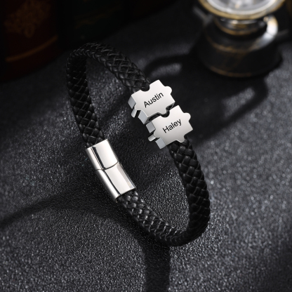 Custom Family Puzzle Bracelet Engrave 2 Names Leather Bracelet For Father-Jessemade AU