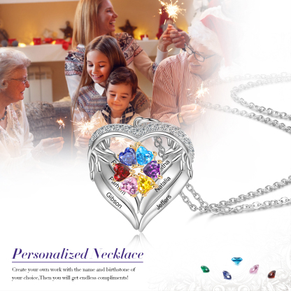 Personalised Wings Necklace With 6 Heart Birthstones Engraved Names Gift For Women-Jessemade AU