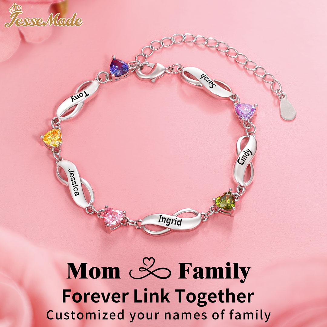 Personalised Bracelet With 6 Birthstones Engraved Names Bracelet Gift For Women-Jessemade AU