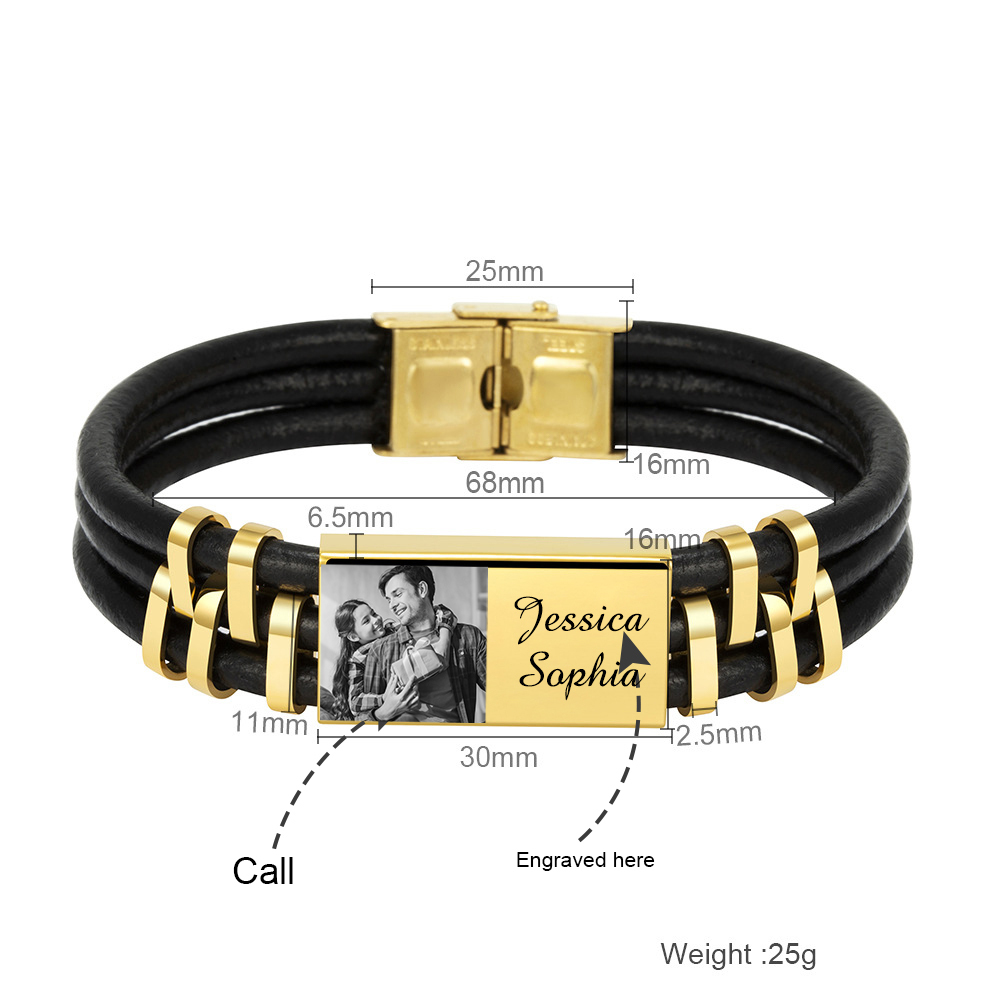 Personalised Leather Bracelet Custom Photo Initial ID Bar Men's Bracelet Bangle Gifts For Him-Jessemade AU