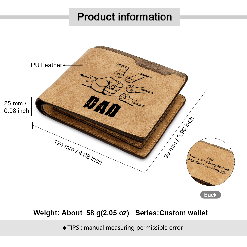 5 Names - Personalised Men Leather Wallet Custom Photo & Text & Name Folding Wallet Fist Bump Wallet Gift for Dad-Jessemade AU