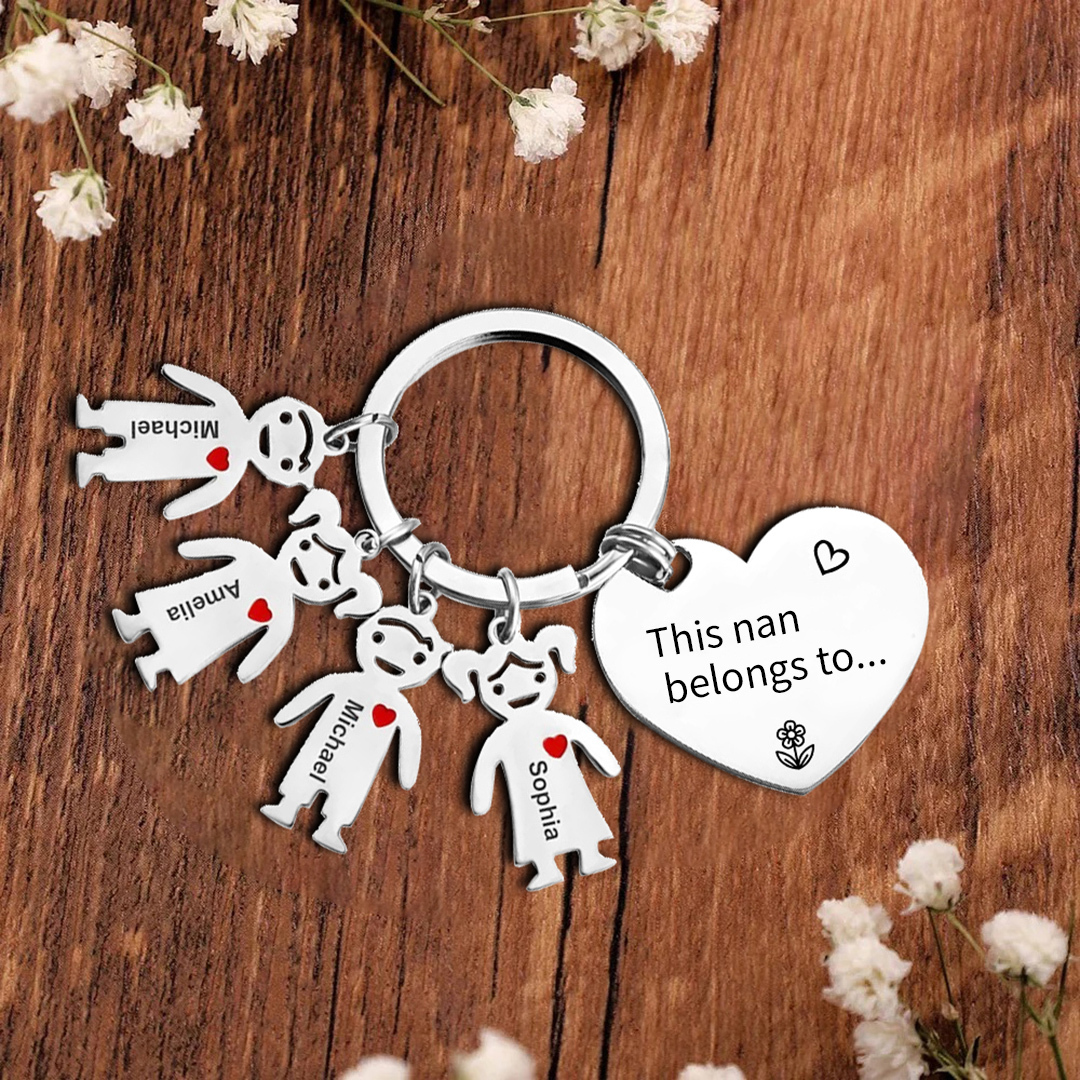 4 Names - Personalised Keychain with Kid Charm Engraved Names Keychain Heart Gift for Nan/Mum-Jessemade AU