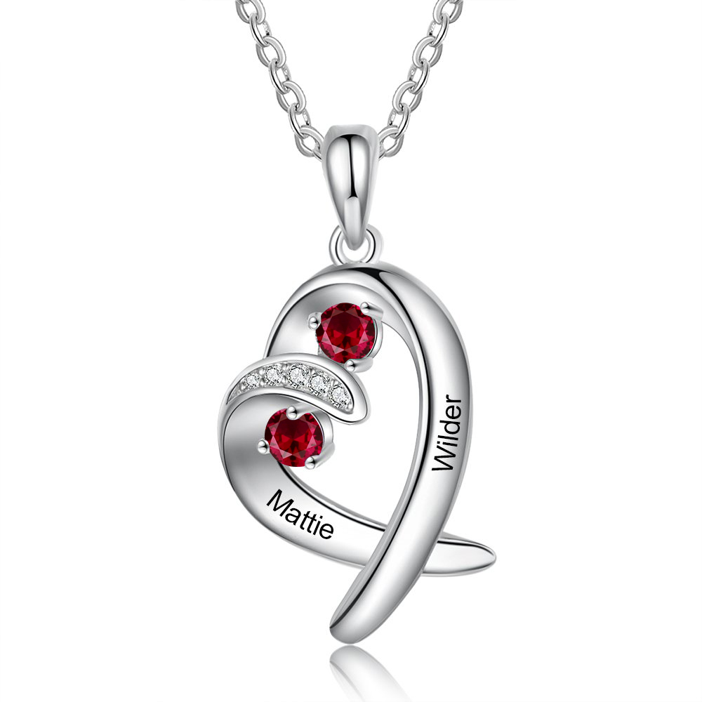 Personalised Heart Necklace With 2 Birthstones Engraved Names Gift For Her-Jessemade AU