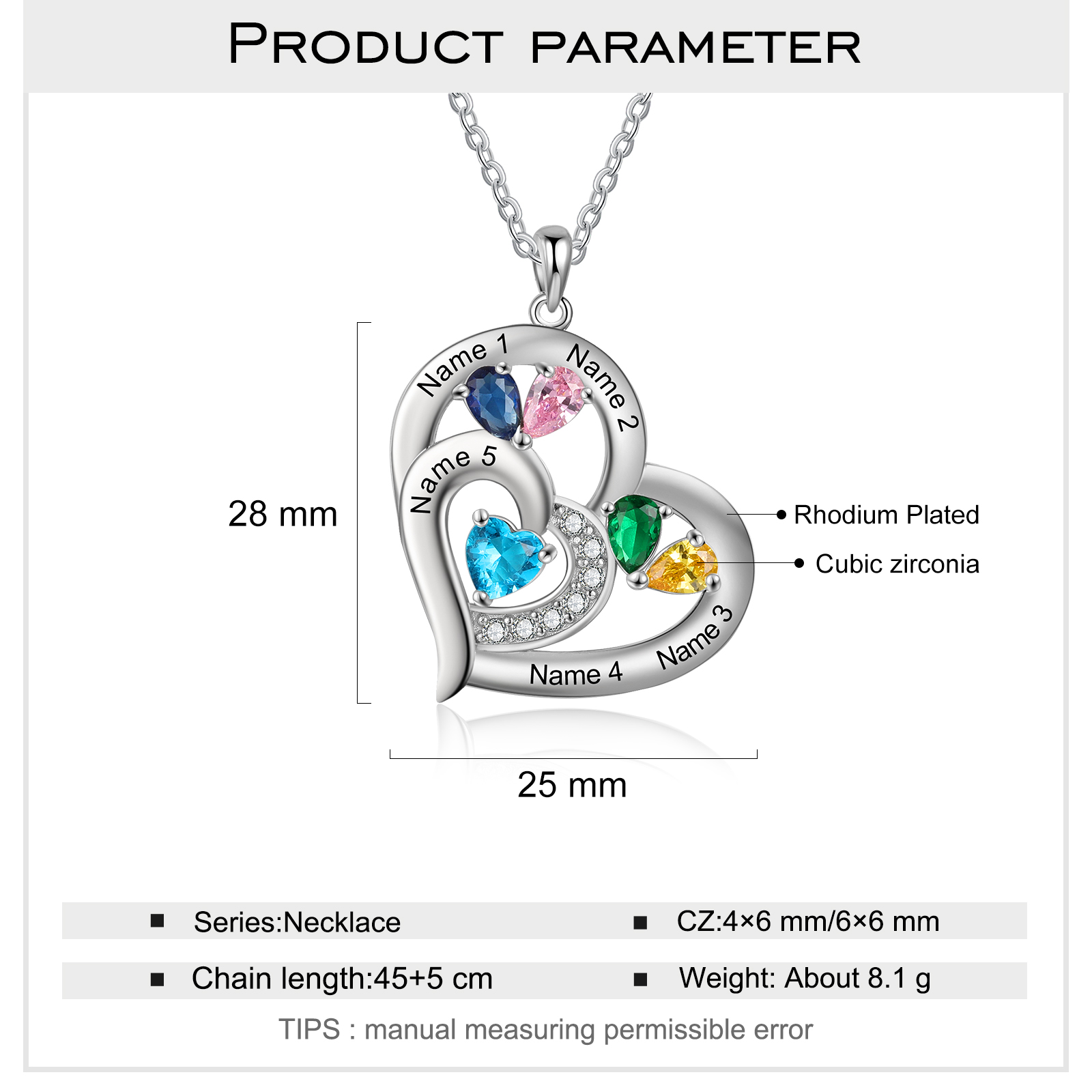 Personalised Heart Necklace With 5 Birthstones Engraved Names Gift For Her-Jessemade AU